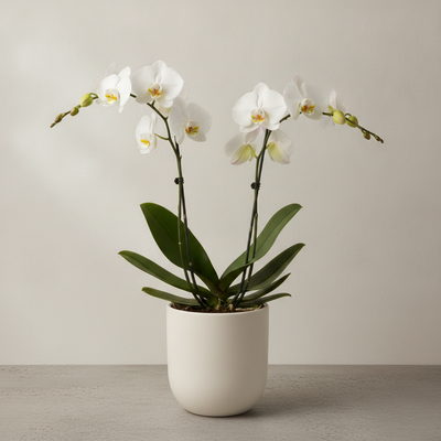 White phalaenopsis orchid in a ceramic pot