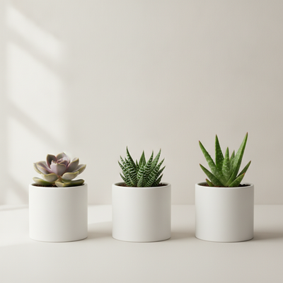 Trio of small succulents in matching pots