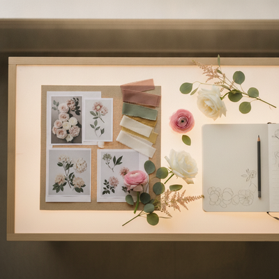 Florist planning wedding flowers at a work table
