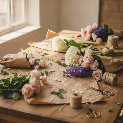 Hands tying a seasonal bouquet at a workshop table