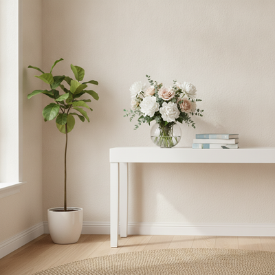 Florist styling flowers in a bright interior