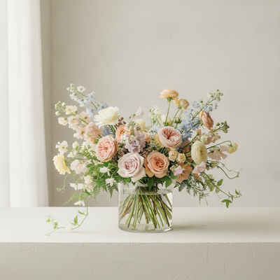 Garden-style flower arrangement in a glass vase